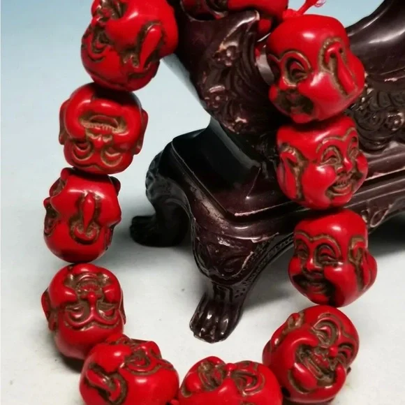 Good Chinese Old Collection Exquisite Red Coral Carved Buddha head Bracelet SD4